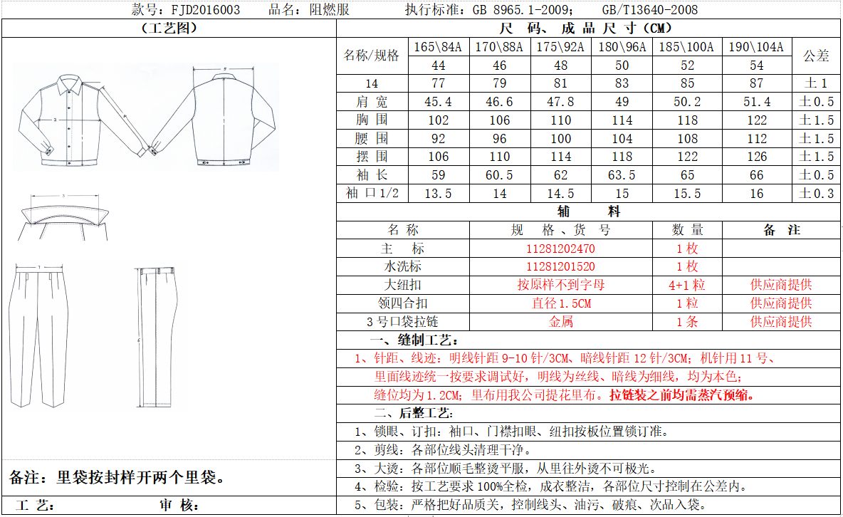 沃克迪威阻燃工作服生產(chǎn)工藝單標準